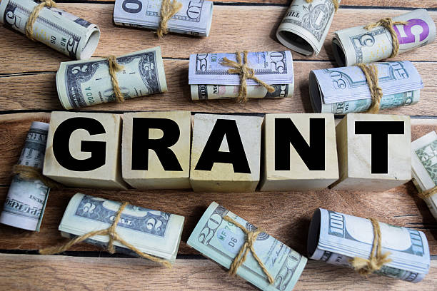 concept word grant on wooden blocks on a wooden table with dollar bills